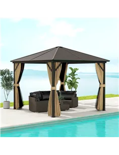 Outsunny 3 x 3(m) Metal Hardtop Gazebo, with Curtains and Accessories - Brown 2