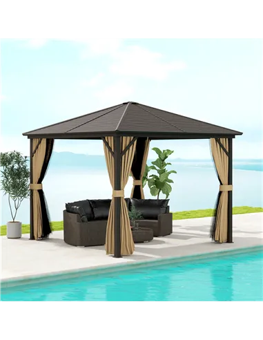 Outsunny 3 x 3(m) Metal Hardtop Gazebo, with Curtains and Accessories - Brown