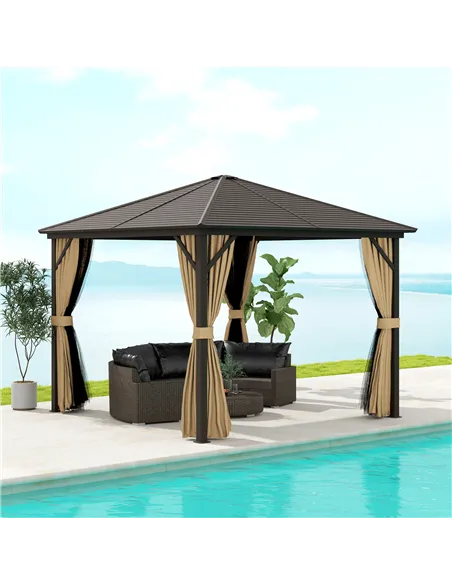 Outsunny 3 x 3(m) Metal Hardtop Gazebo, with Curtains and Accessories - Brown