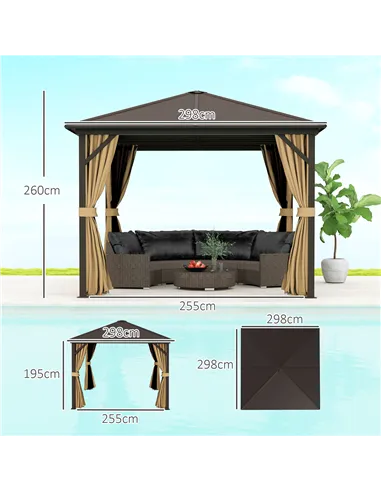 Outsunny 3 x 3(m) Metal Hardtop Gazebo, with Curtains and Accessories - Brown