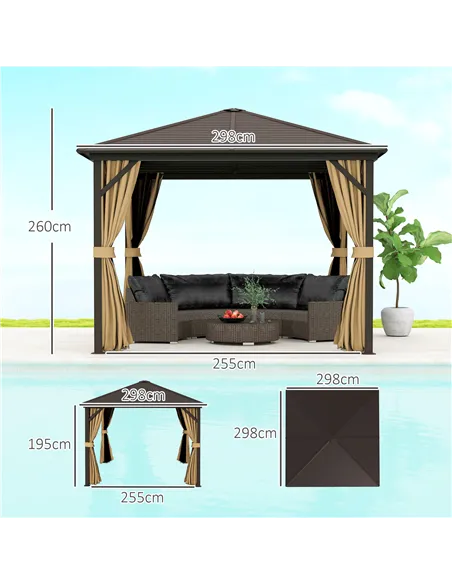Outsunny 3 x 3(m) Metal Hardtop Gazebo, with Curtains and Accessories - Brown