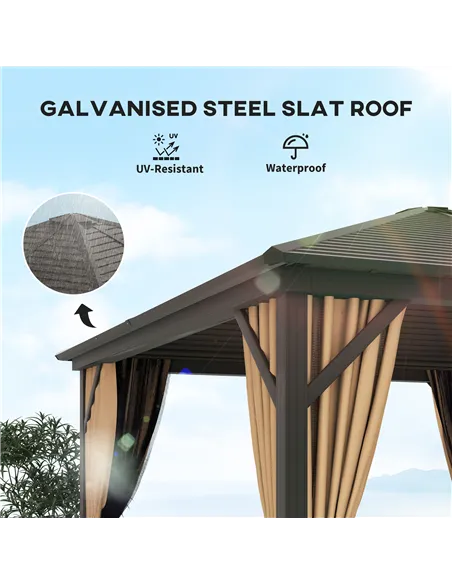 Outsunny 3 x 3(m) Metal Hardtop Gazebo, with Curtains and Accessories - Brown