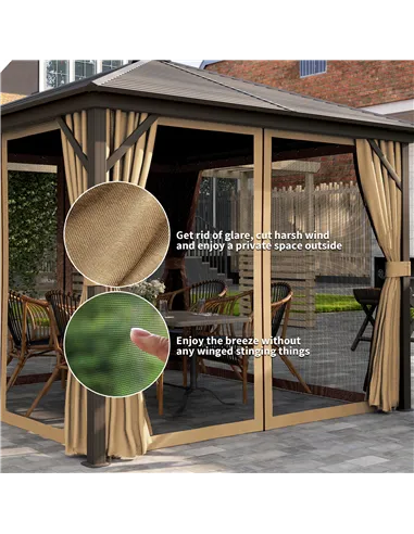 Outsunny 3 x 3(m) Metal Hardtop Gazebo, with Curtains and Accessories - Brown