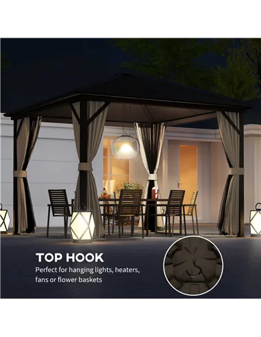 Outsunny 3 x 3(m) Metal Hardtop Gazebo, with Curtains and Accessories - Brown