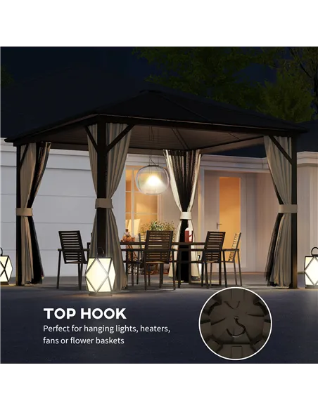 Outsunny 3 x 3(m) Metal Hardtop Gazebo, with Curtains and Accessories - Brown