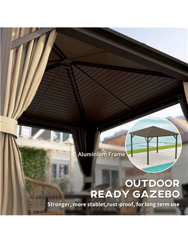 Outsunny 3 x 3(m) Metal Hardtop Gazebo, with Curtains and Accessories - Brown