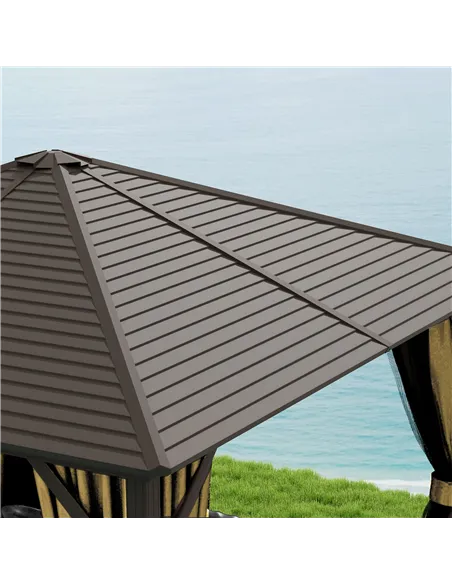 Outsunny 3 x 3(m) Metal Hardtop Gazebo, with Curtains and Accessories - Brown