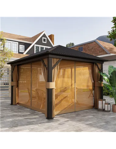 Outsunny 3.6 x 3 m Aluminium Hardtop Gazebo, with Accessories - Brown