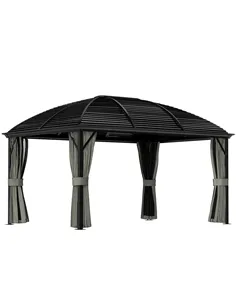 Outsunny 3 x 4m Hardtop Gazebo Canopy with Metal Roof, Aluminium Gazebo Permanent Pavilion with Netting and Curtains, Dark Grey