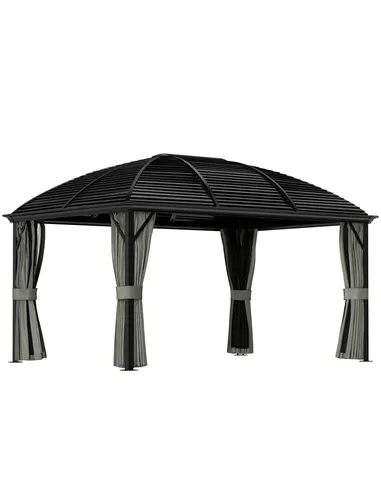 Outsunny 3 x 4m Hardtop Gazebo Canopy with Metal Roof, Aluminium Gazebo Permanent Pavilion with Netting and Curtains, Dark Grey