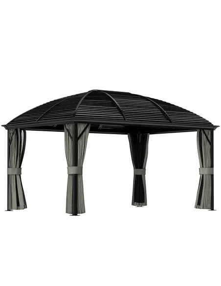 Outsunny 3 x 4m Hardtop Gazebo Canopy with Metal Roof, Aluminium Gazebo Permanent Pavilion with Netting and Curtains, Dark Grey