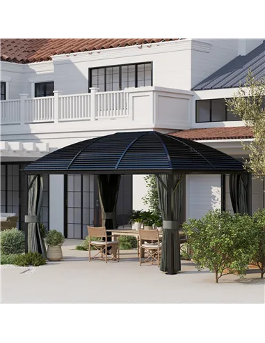 Outsunny 3 x 4m Hardtop Gazebo Canopy with Metal Roof, Aluminium Gazebo Permanent Pavilion with Netting and Curtains, Dark Grey