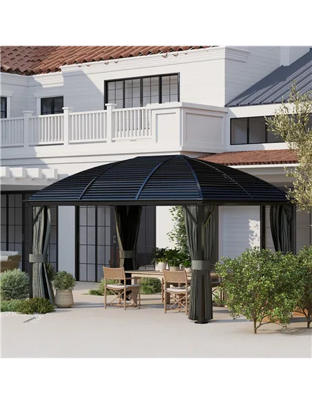 Outsunny 3 x 4m Hardtop Gazebo Canopy with Metal Roof, Aluminium Gazebo Permanent Pavilion with Netting and Curtains, Dark Grey