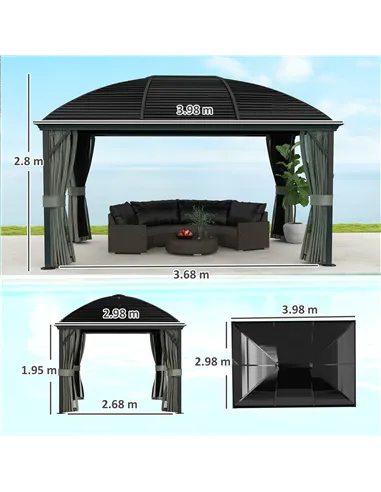Outsunny 3 x 4m Hardtop Gazebo Canopy with Metal Roof, Aluminium Gazebo Permanent Pavilion with Netting and Curtains, Dark Grey