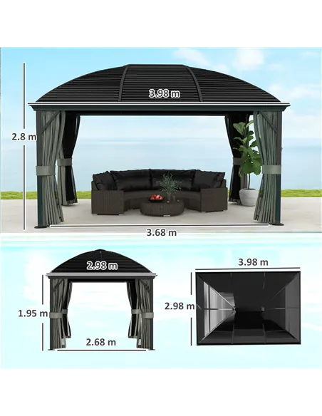Outsunny 3 x 4m Hardtop Gazebo Canopy with Metal Roof, Aluminium Gazebo Permanent Pavilion with Netting and Curtains, Dark Grey