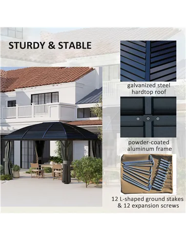 Outsunny 3 x 4m Hardtop Gazebo Canopy with Metal Roof, Aluminium Gazebo Permanent Pavilion with Netting and Curtains, Dark Grey