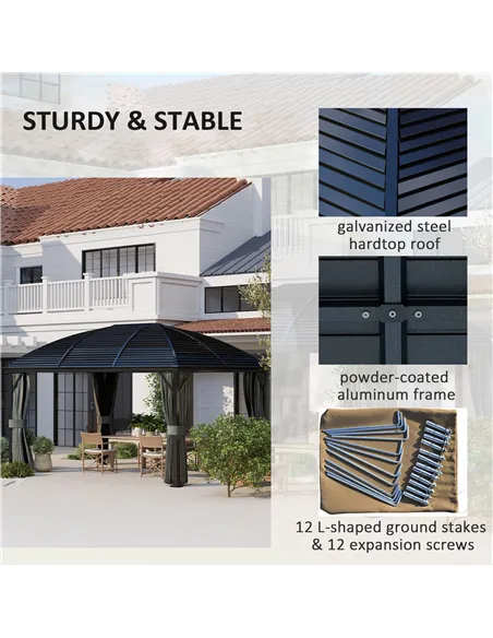 Outsunny 3 x 4m Hardtop Gazebo Canopy with Metal Roof, Aluminium Gazebo Permanent Pavilion with Netting and Curtains, Dark Grey