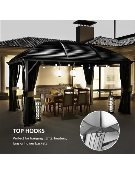 Outsunny 3 x 4m Hardtop Gazebo Canopy with Metal Roof, Aluminium Gazebo Permanent Pavilion with Netting and Curtains, Dark Grey