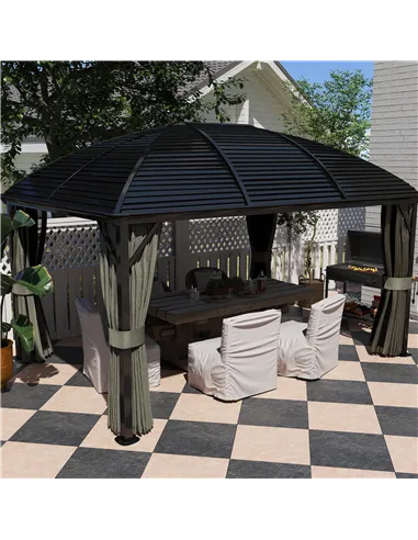 Outsunny 3 x 4m Hardtop Gazebo Canopy with Metal Roof, Aluminium Gazebo Permanent Pavilion with Netting and Curtains, Dark Grey