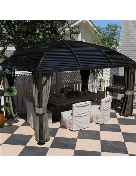 Outsunny 3 x 4m Hardtop Gazebo Canopy with Metal Roof, Aluminium Gazebo Permanent Pavilion with Netting and Curtains, Dark Grey