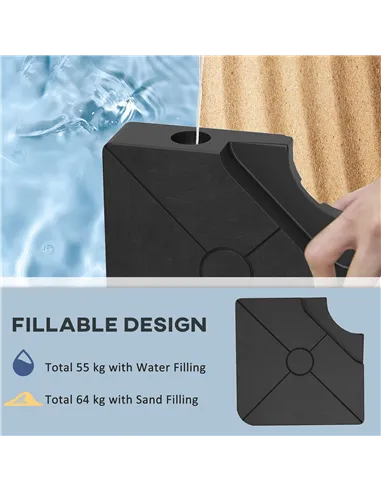 Outsunny Umbrella Weights for Cantilever Parasols, Set of 4 Heavy Duty Parasol Base Weights, 64kg Sand or 55kg Water Filled, Bla
