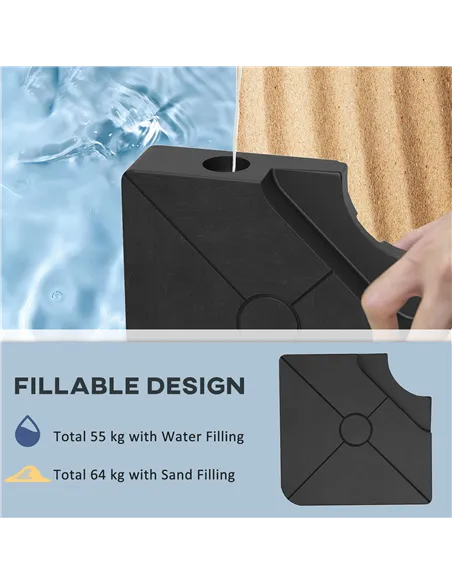 Outsunny Umbrella Weights for Cantilever Parasols, Set of 4 Heavy Duty Parasol Base Weights, 64kg Sand or 55kg Water Filled, Bla