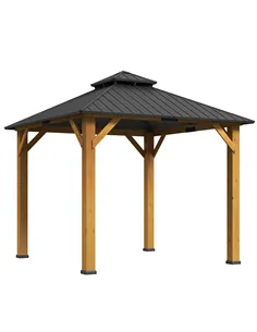 Outsunny 3x(3)M Outdoor Hardtop Gazebo Canopy with 2-Tier Roof and Solid Wood Frame, Outdoor Patio Shelter for Patio, Garden, Gr