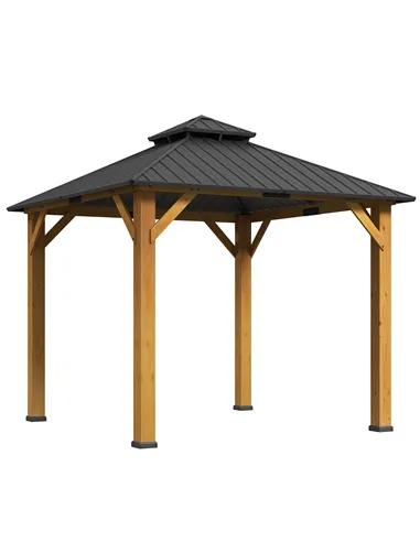 Outsunny 3x(3)M Outdoor Hardtop Gazebo Canopy with 2-Tier Roof and Solid Wood Frame, Outdoor Patio Shelter for Patio, Garden, Gr