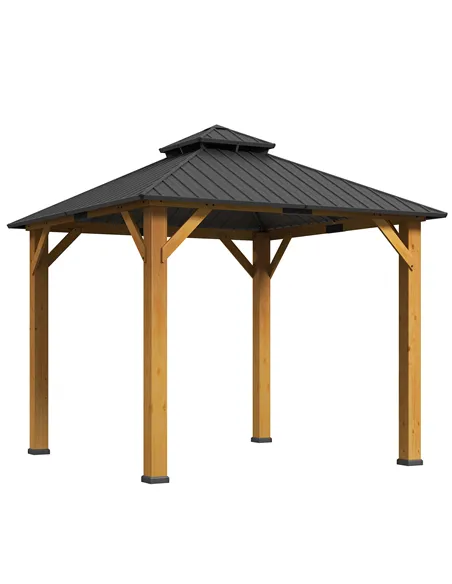 Outsunny 3x(3)M Outdoor Hardtop Gazebo Canopy with 2-Tier Roof and Solid Wood Frame, Outdoor Patio Shelter for Patio, Garden, Gr