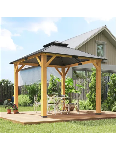 Outsunny 3x(3)M Outdoor Hardtop Gazebo Canopy with 2-Tier Roof and Solid Wood Frame, Outdoor Patio Shelter for Patio, Garden, Gr