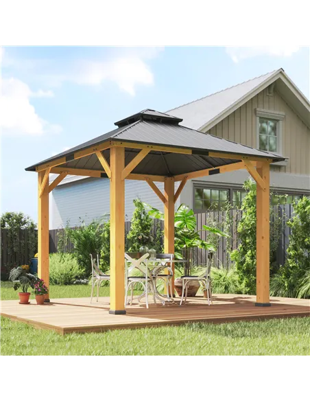 Outsunny 3x(3)M Outdoor Hardtop Gazebo Canopy with 2-Tier Roof and Solid Wood Frame, Outdoor Patio Shelter for Patio, Garden, Gr