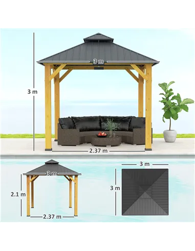 Outsunny 3x(3)M Outdoor Hardtop Gazebo Canopy with 2-Tier Roof and Solid Wood Frame, Outdoor Patio Shelter for Patio, Garden, Gr