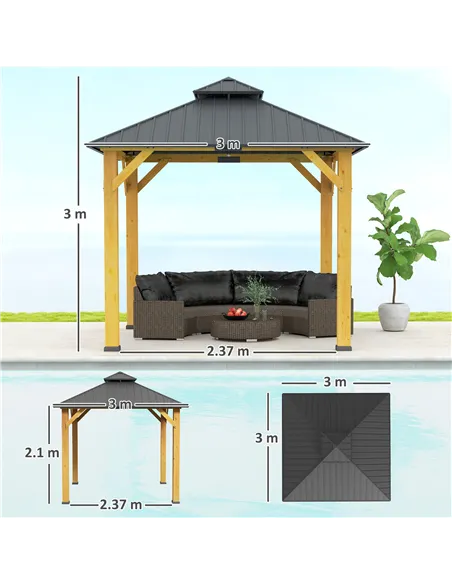 Outsunny 3x(3)M Outdoor Hardtop Gazebo Canopy with 2-Tier Roof and Solid Wood Frame, Outdoor Patio Shelter for Patio, Garden, Gr
