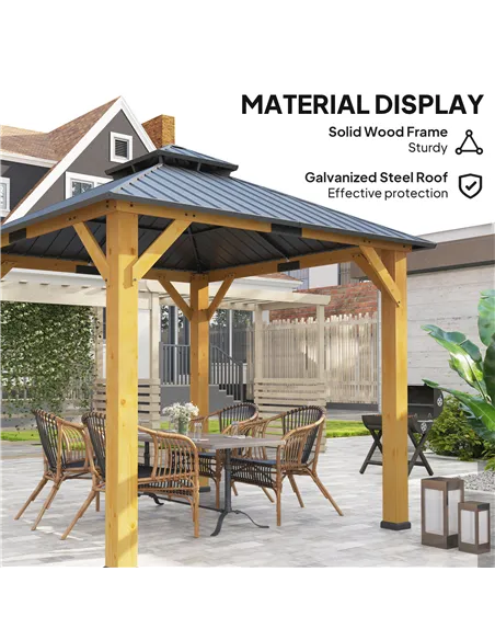 Outsunny 3x(3)M Outdoor Hardtop Gazebo Canopy with 2-Tier Roof and Solid Wood Frame, Outdoor Patio Shelter for Patio, Garden, Gr