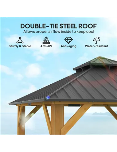 Outsunny 3x(3)M Outdoor Hardtop Gazebo Canopy with 2-Tier Roof and Solid Wood Frame, Outdoor Patio Shelter for Patio, Garden, Gr
