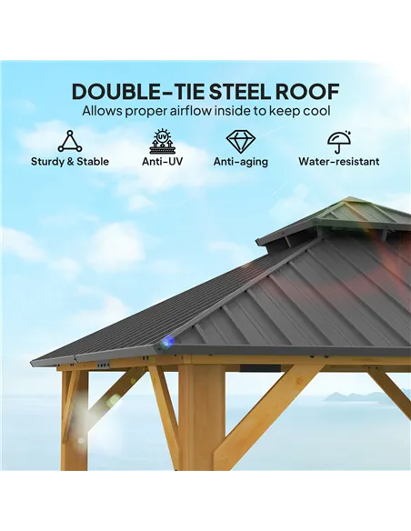 Outsunny 3x(3)M Outdoor Hardtop Gazebo Canopy with 2-Tier Roof and Solid Wood Frame, Outdoor Patio Shelter for Patio, Garden, Gr