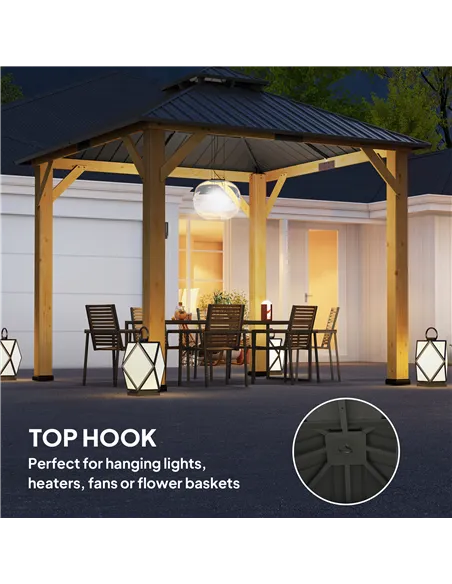 Outsunny 3x(3)M Outdoor Hardtop Gazebo Canopy with 2-Tier Roof and Solid Wood Frame, Outdoor Patio Shelter for Patio, Garden, Gr