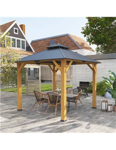 Outsunny 3x(3)M Outdoor Hardtop Gazebo Canopy with 2-Tier Roof and Solid Wood Frame, Outdoor Patio Shelter for Patio, Garden, Gr