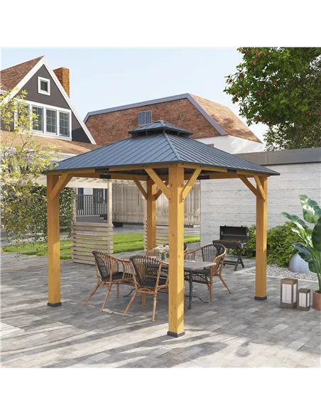 Outsunny 3x(3)M Outdoor Hardtop Gazebo Canopy with 2-Tier Roof and Solid Wood Frame, Outdoor Patio Shelter for Patio, Garden, Gr