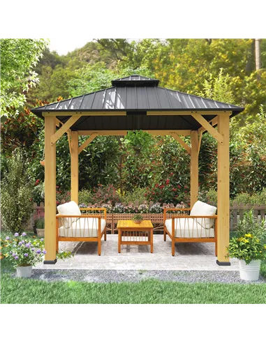 Outsunny 3x(3)M Outdoor Hardtop Gazebo Canopy with 2-Tier Roof and Solid Wood Frame, Outdoor Patio Shelter for Patio, Garden, Gr