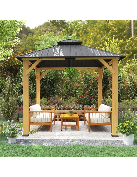 Outsunny 3x(3)M Outdoor Hardtop Gazebo Canopy with 2-Tier Roof and Solid Wood Frame, Outdoor Patio Shelter for Patio, Garden, Gr