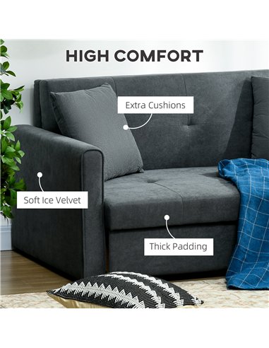 HOMCOM 2 Seater Sofa Bed, Convertible Bed Settee, Modern Velvet Loveseat Sofa Couch with 2 Cushions, Hidden Storage for Living R