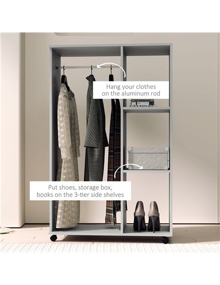 HOMCOM Open Wardrobe on Wheels, Bedroom Wardrobe with Clothes Hanging Rail, 3 Storage Shelves, Mobile Garment Rack for Cloakroom