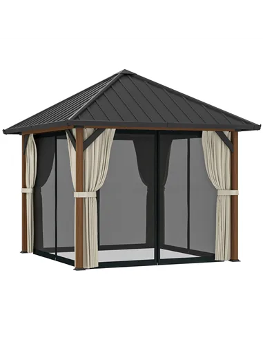 Outsunny 3 x 3(m) Hardtop Gazebo with Galvanised Steel Roof and Water Gutter, Waterproof Permanent Pavilion Garden Gazebo with N