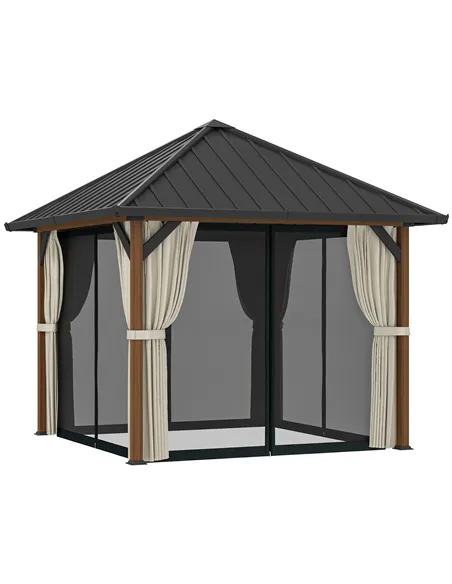 Outsunny 3 x 3(m) Hardtop Gazebo with Galvanised Steel Roof and Water Gutter, Waterproof Permanent Pavilion Garden Gazebo with N