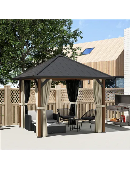 Outsunny 3 x 3(m) Hardtop Gazebo with Galvanised Steel Roof and Water Gutter, Waterproof Permanent Pavilion Garden Gazebo with N