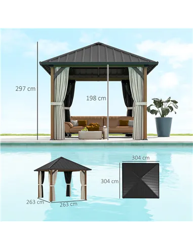 Outsunny 3 x 3(m) Hardtop Gazebo with Galvanised Steel Roof and Water Gutter, Waterproof Permanent Pavilion Garden Gazebo with N
