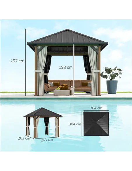 Outsunny 3 x 3(m) Hardtop Gazebo with Galvanised Steel Roof and Water Gutter, Waterproof Permanent Pavilion Garden Gazebo with N