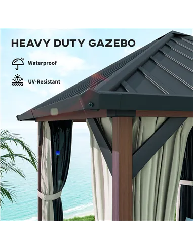 Outsunny 3 x 3(m) Hardtop Gazebo with Galvanised Steel Roof and Water Gutter, Waterproof Permanent Pavilion Garden Gazebo with N