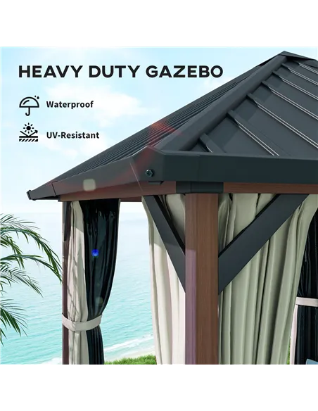 Outsunny 3 x 3(m) Hardtop Gazebo with Galvanised Steel Roof and Water Gutter, Waterproof Permanent Pavilion Garden Gazebo with N